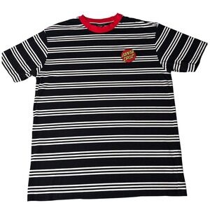 Santa Cruz Skateboards Mens Large Striped T-Shirt Black White Red Dot Logo Tee